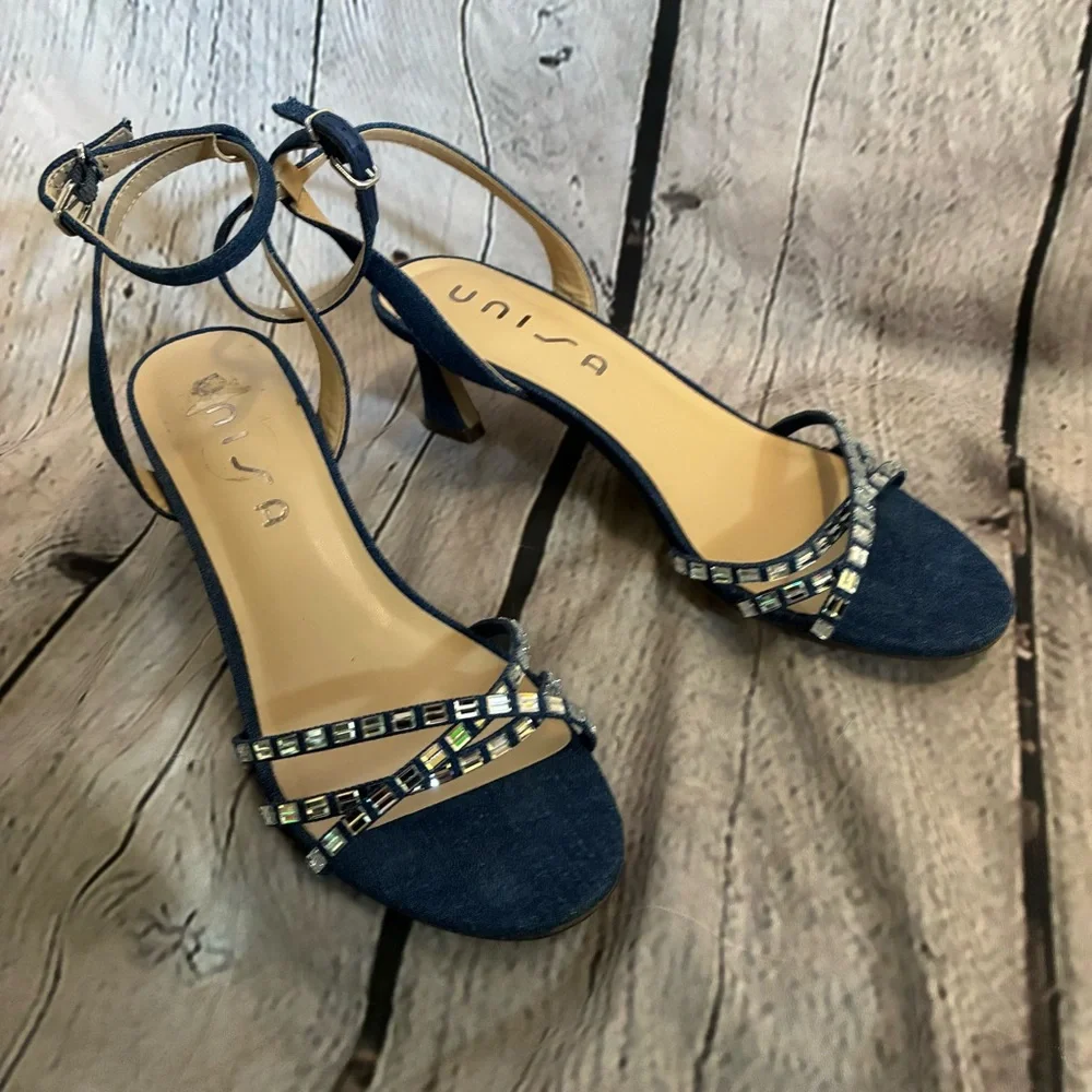 Unisa Women’s Blue Denim Strappy Rhinestone Embellished Block‎ Heel Sandals GUC